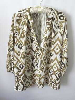 Zara brown white geo V-neck 3/4 sleeve button front relaxed fit top *Sz M*